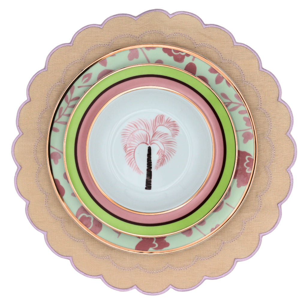 Pistachio & Lychee Leaf Dinner Plate featured in an immersive Vintage Palm collection dining experience - Ro'Table NYC