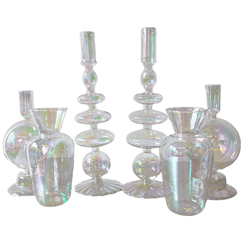 Rainbow Prism Bauble Candle Holder - Pair arranged with complementary glass tableware items - Ro'Table NYC