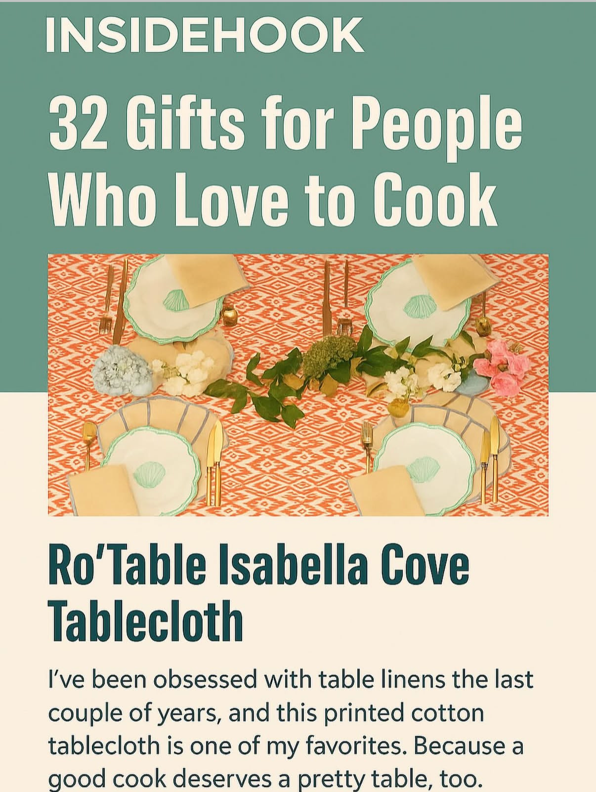 InsideHook gift guide featuring Ro'Table NYC Isabella Cove printed cotton tablecloth for dinner party entertaining
