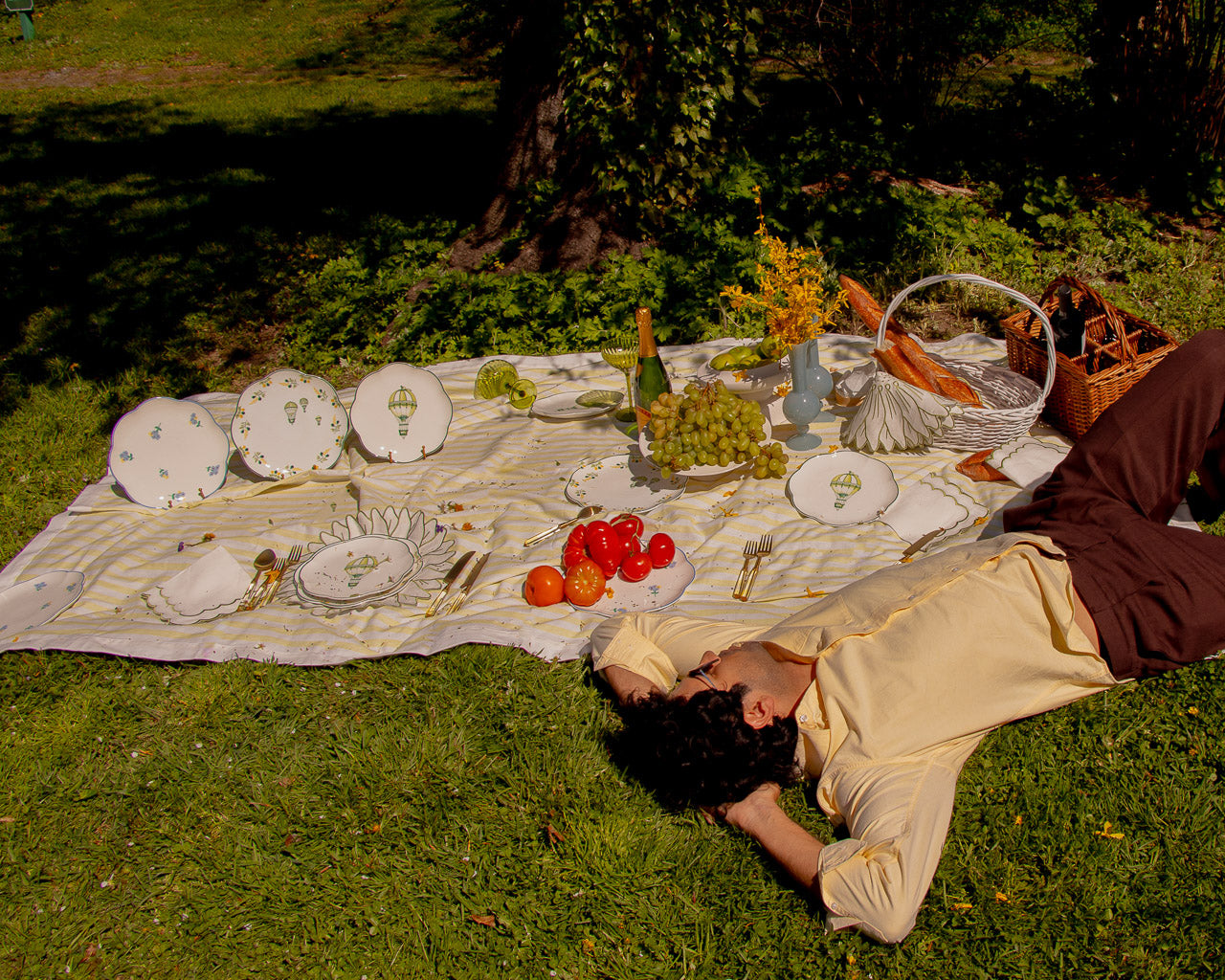 A Picnic Setting from Cedric and Luca Collection, showcasing Premium Porcelain Dinner Plates and Vases on a Yellow and White Striped Tablecloth