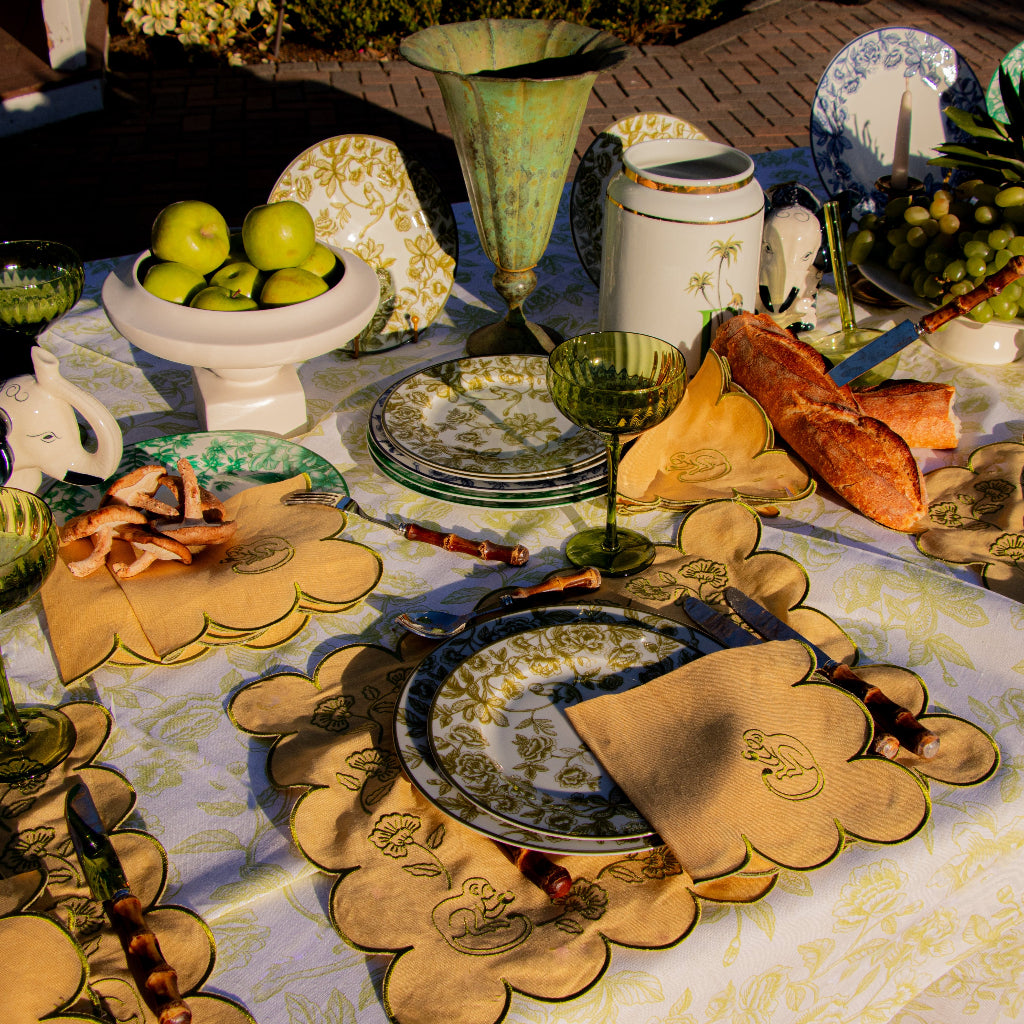 Sunlit Moss Napkin overhead view showing hand-printed pattern detail - Ro'Table NYC napkin