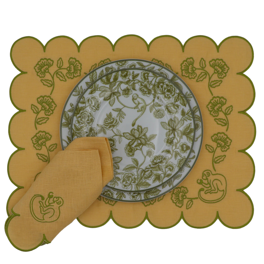 Sunlit Moss Placemat paired with Shimla Social collection tableware for a complete place setting - Ro'Table NYC