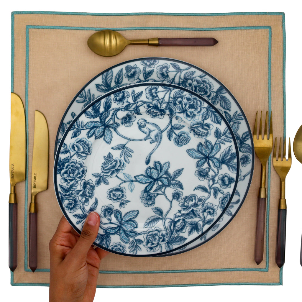 Tidal Blue Square Placemat close-up showing artisan print detail - Sant Bohème collection by Ro'Table NYC