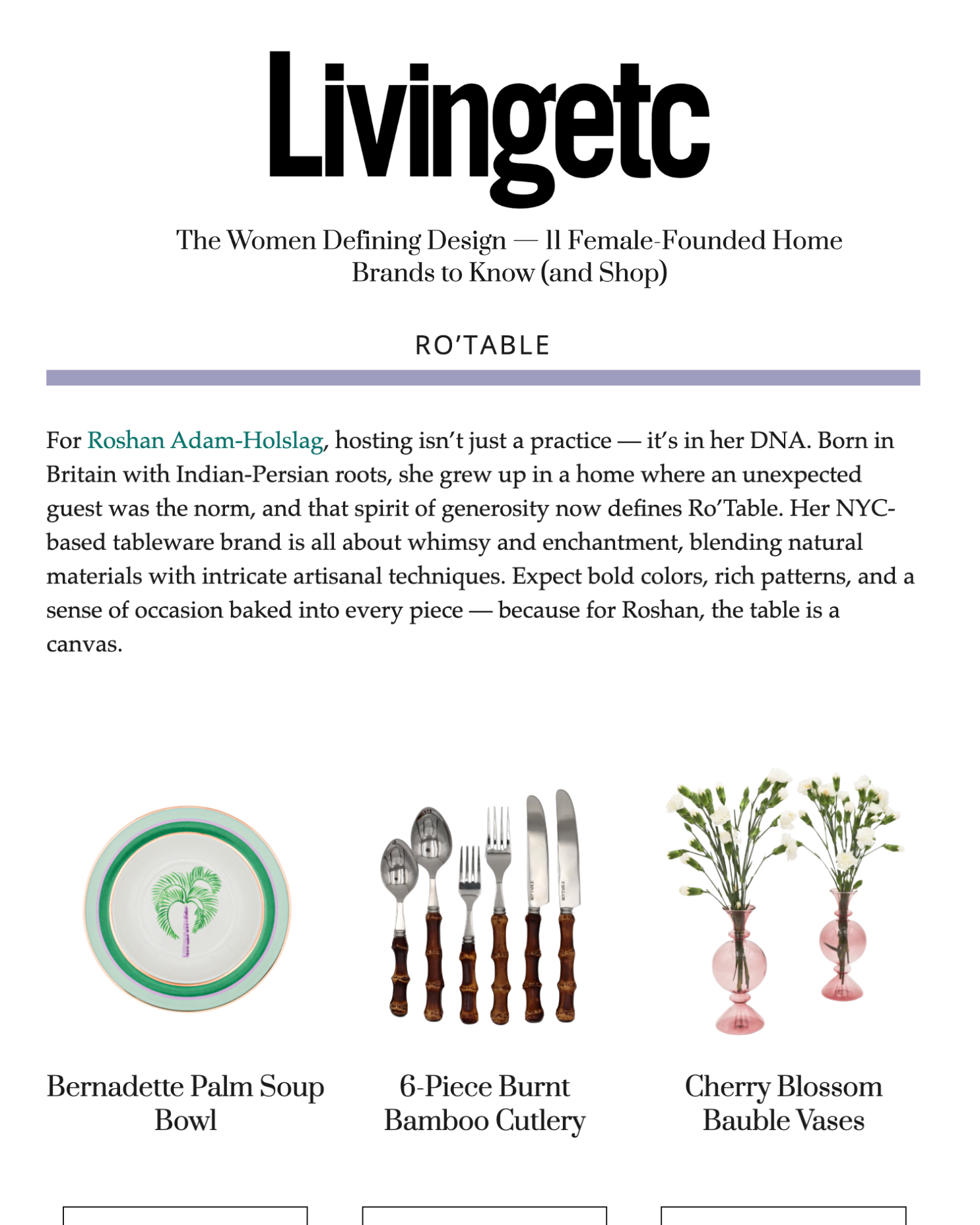 Livingetc Women Defining Design feature on Ro'Table NYC female-founded luxury tableware brand with artisanal soup bowls cutlery and vases