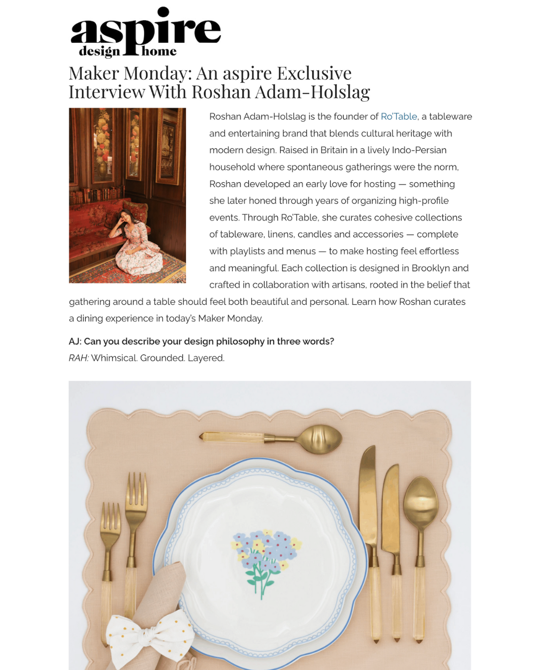 Aspire Design Home Maker Monday interview with Ro'Table NYC founder Roshan Adam-Holslag featuring luxury tablescape with gold cutlery and floral plates