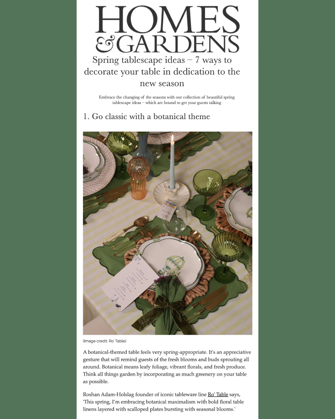 Homes and Gardens spring tablescape feature with Ro'Table NYC botanical dinner party table setting and luxury tableware