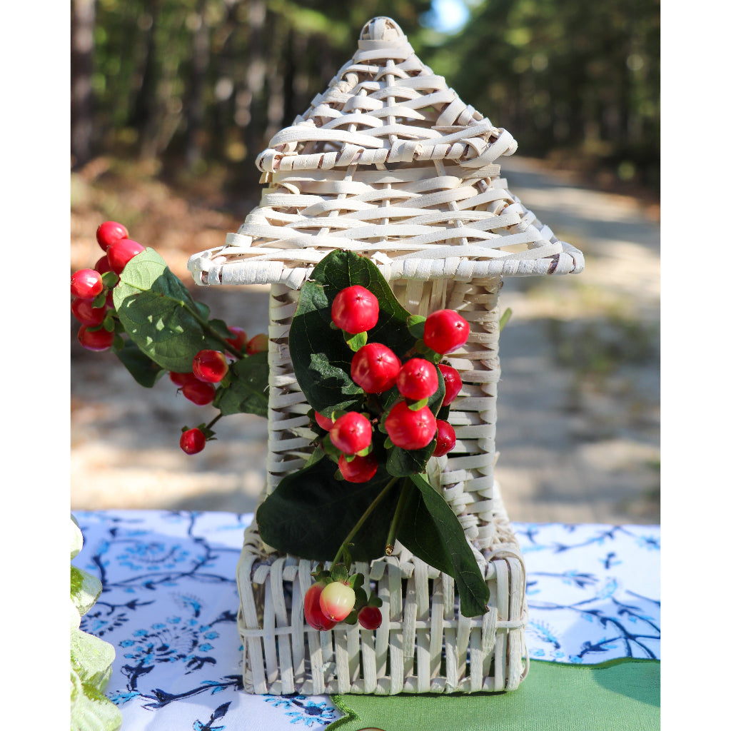 White Rattan Pagoda Lantern Set - 1 Large & 1 Small close-up showing artisan weaving detail - Ro'Table NYC