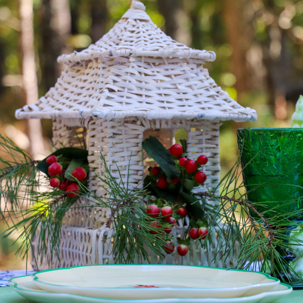 White Rattan Pagoda Lantern Set - 1 Large & 1 Small styled on a luxury dinner table setting - Ro'Table NYC
