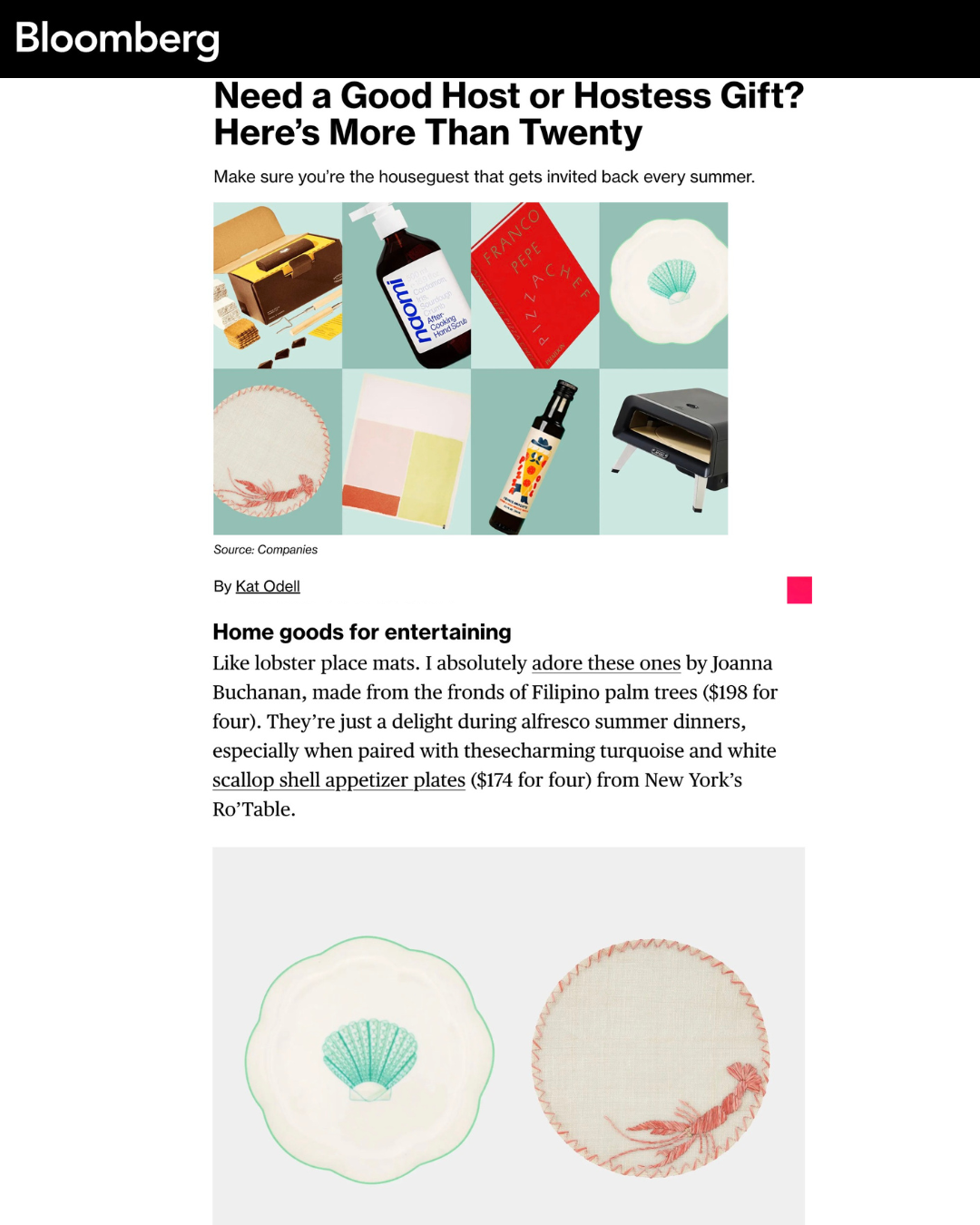 Bloomberg hostess gift guide featuring Ro'Table NYC scallop shell appetizer plates and lobster placemats for summer entertaining